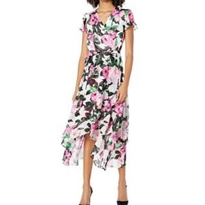 Betsey Johnson Black and Pink Floral Faux Wrap Maxi Dress